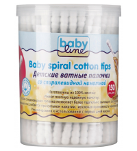 Ватные палочки детские Babyline со спиралевидной намоткой в пластиковом боксе 150 шт