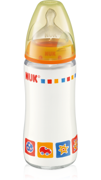 Бутылочка Nuk First Choice стеклянная, 240 мл разноцветная + соска с вентиляцией из силикона, р1. для молока с рождения