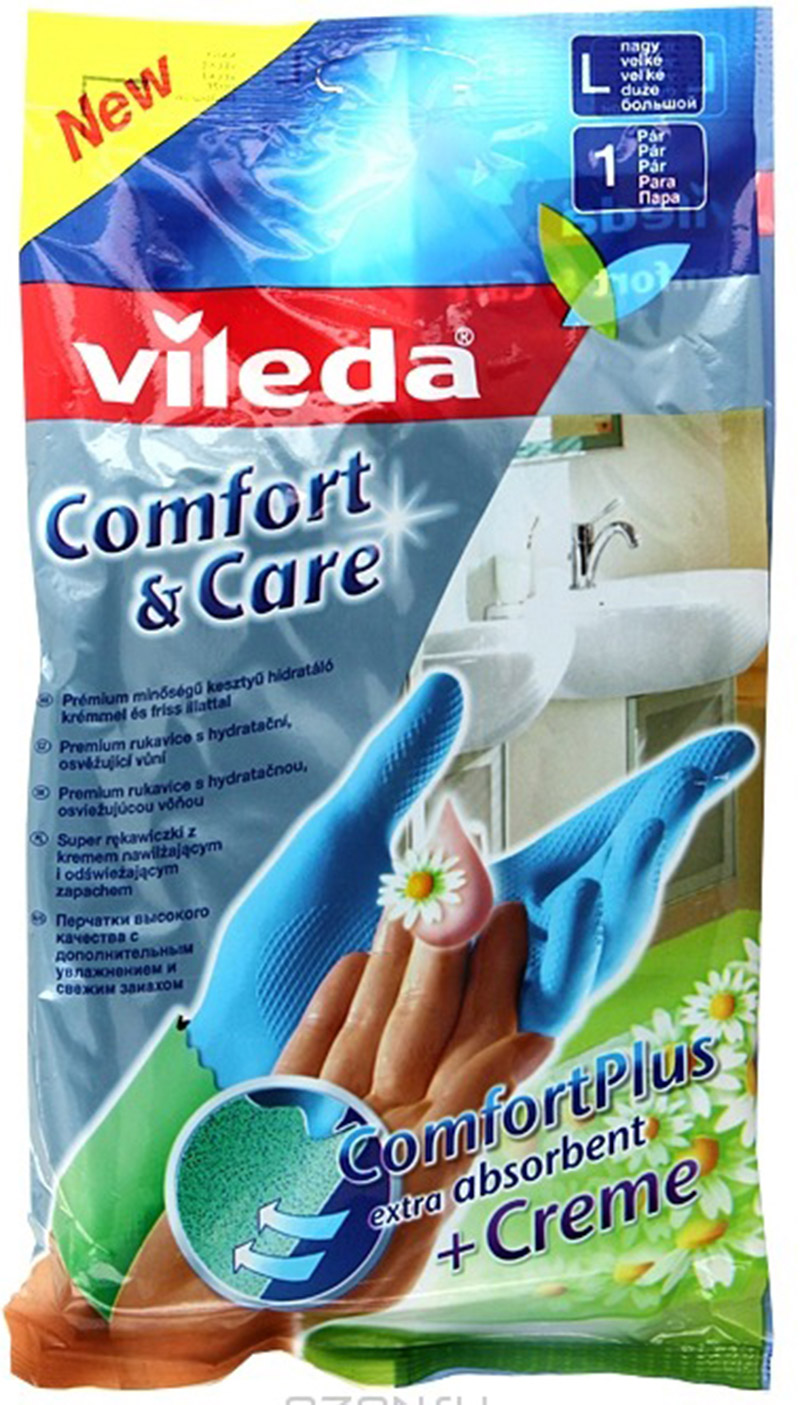 Перчатки для уборки Vileda Комфорт с кремом для чувствительной кожи рук размер L 09522