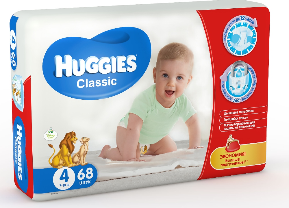 Подгузники Huggies Classic 4 (7-18 кг) мега 68 шт