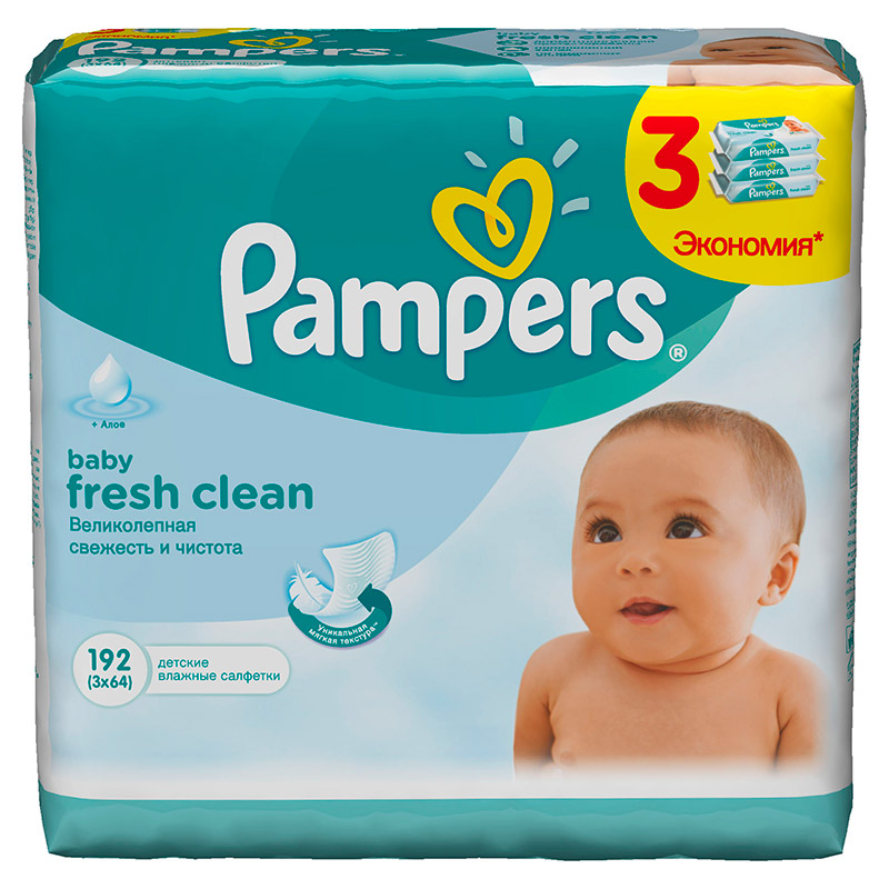 Салфетки детские увлажненные Pampers Baby Fresh Clean зап. блок 3х64