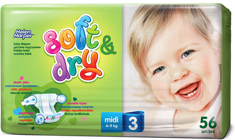 Подгузники Helen Harper Soft Dry midi (4-9 кг) 56 шт