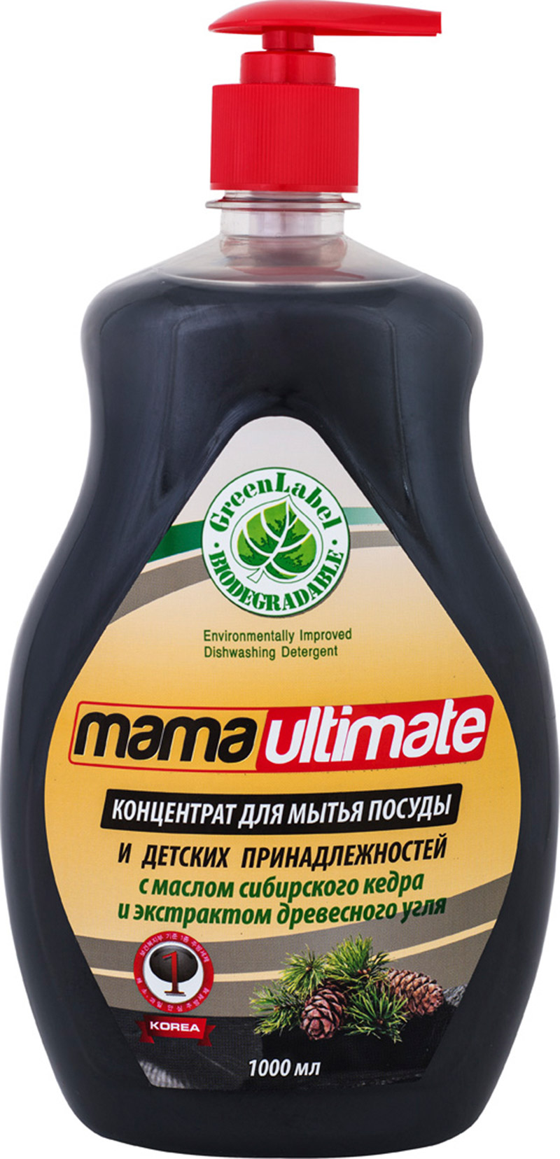 Концентрированное средство для мытья посуды и детских принадлежностей Mama Ultimate  "Кедр+Уголь", 1000 мл