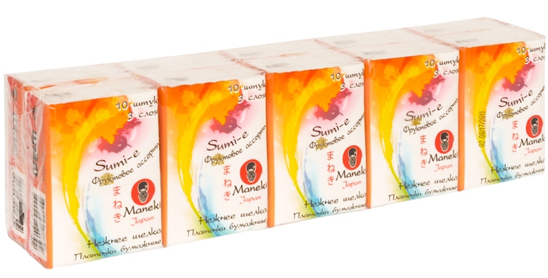 Maneki, платочки бумажные, серия Sumi-e, 3 слоя, 10 шт в пачке, с ароматом фруктов, 10 пачек.