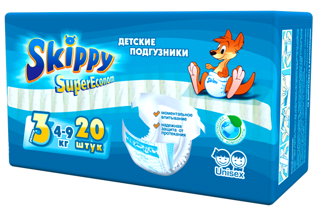 Подгузники Skippy Super Econom размер 3 (4-9 кг), 20 шт