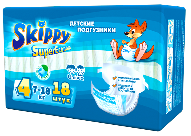 Подгузники Skippy Super Econom размер 4 (7-18 кг), 18 шт
