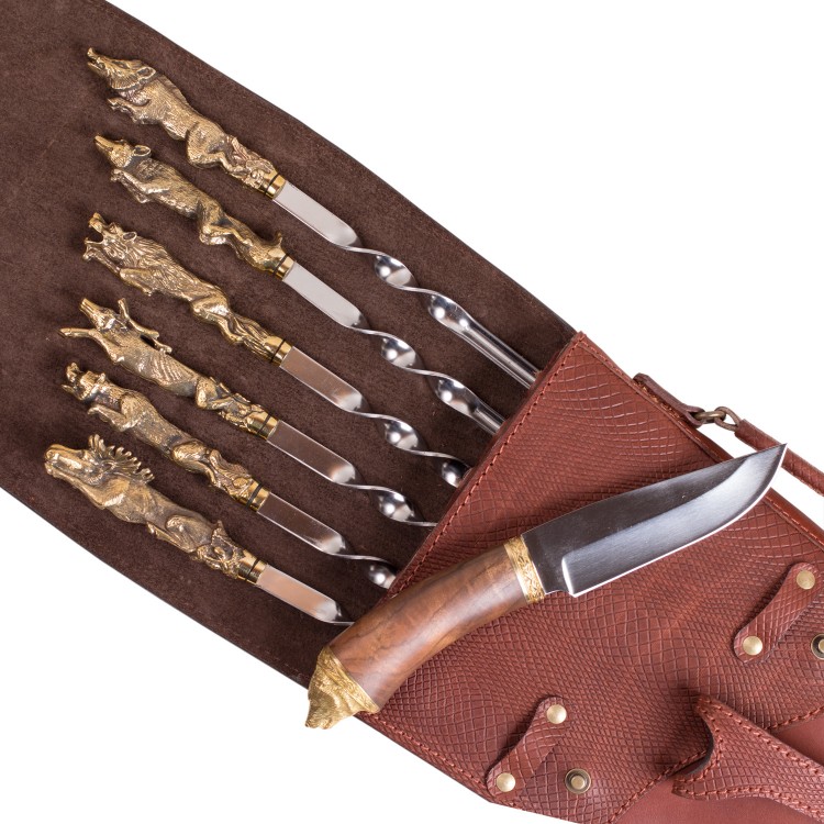 Набор шампуров из 6 шт. в чехле из натуральной кожи "Медведь"